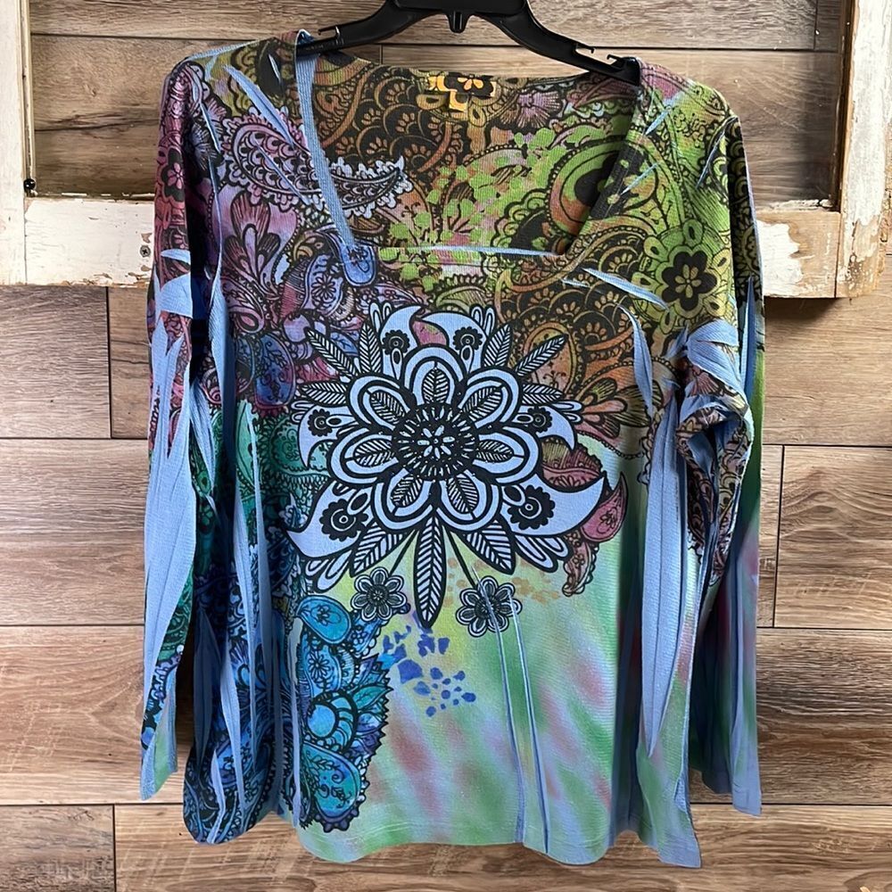 Suzee T Women’s Blue Multi Floral Square Neck Pullover Long Sleeve Knit Size 1X